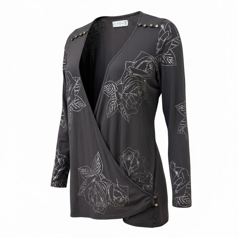 4 Love And Liberty Johnny Was Gray Silver Metallic Floral Wrap Cardigan Top M